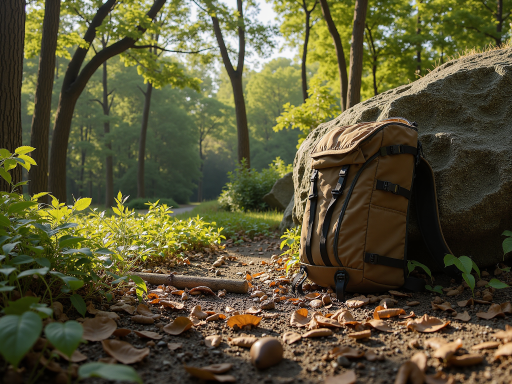 户外装备，包含帐篷和背包，摆放在自然环境中，阳光明媚户外场景