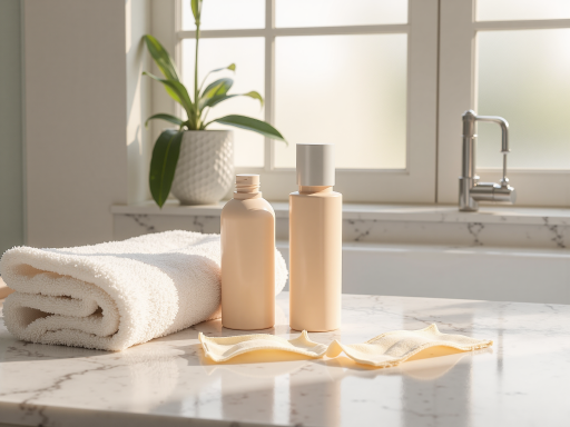 个人护理用品套装，包含洗护用品和护肤品，摆放在浴室环境中，清新简洁风格