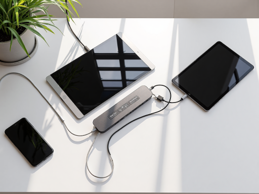 科技配件，包含手机壳和充电器，摆放在现代办公环境中，简洁科技风格